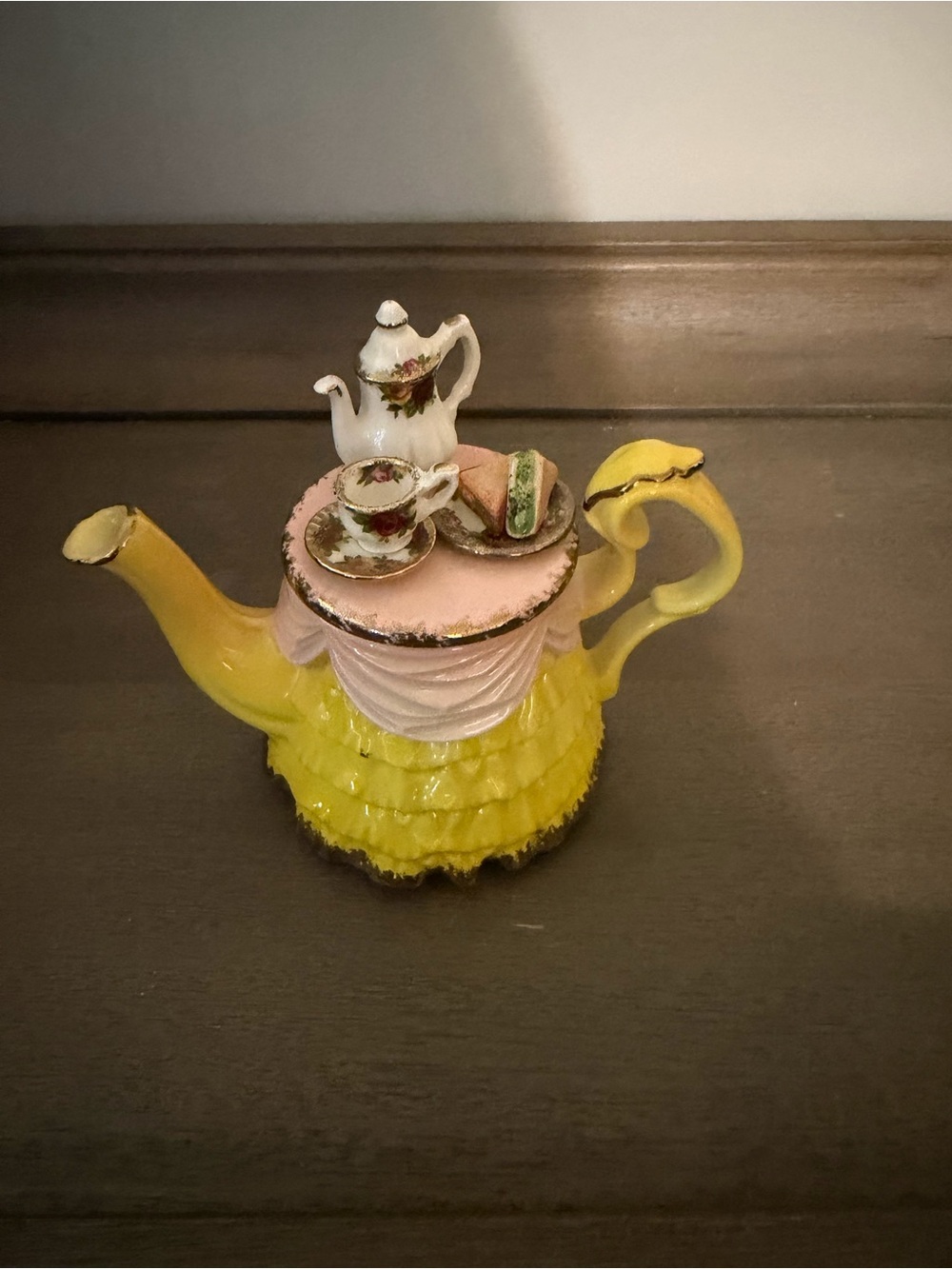 Royal Albert Yellow Pink Miniature Teapot Figurine with Floral Tea Set